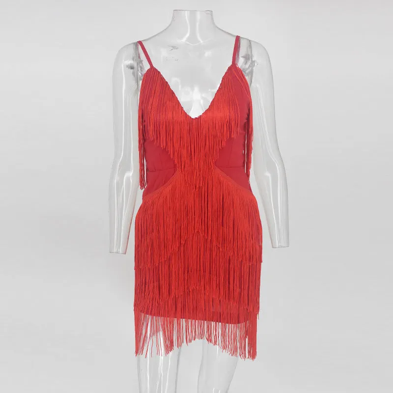 Summer Thin Strap Tassel Dress Party V-neck Backless Sexy Dress Elegant Retro