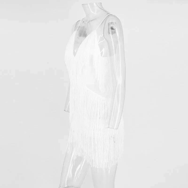 Summer Thin Strap Tassel Dress Party V-neck Backless Sexy Dress Elegant Retro