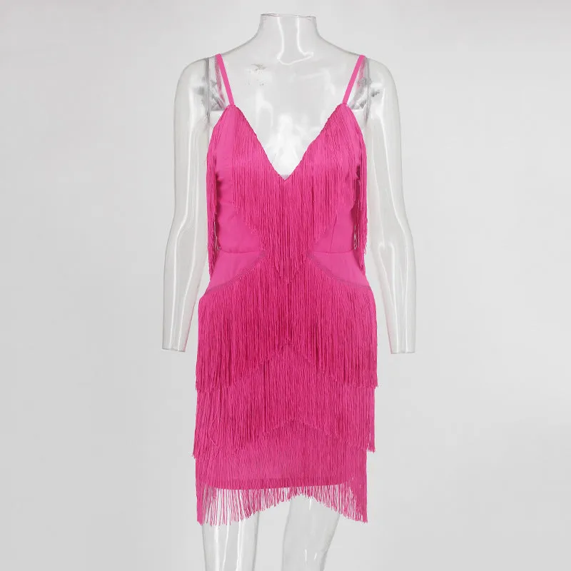 Summer Thin Strap Tassel Dress Party V-neck Backless Sexy Dress Elegant Retro