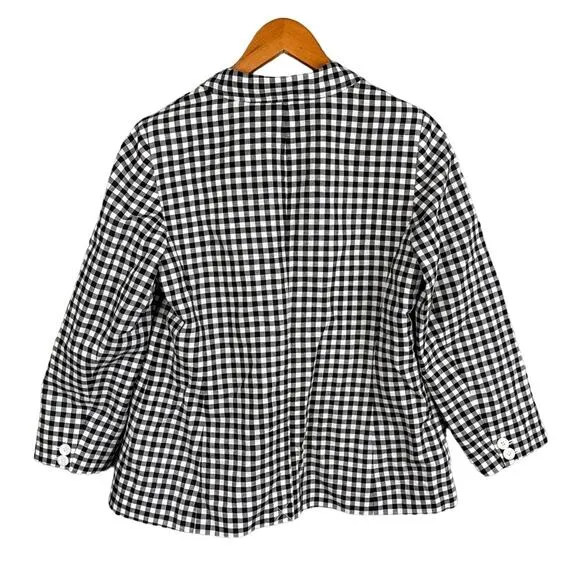 Talbots Classic Linen Blazer Black White Gingham Size 12P NWT Old Money