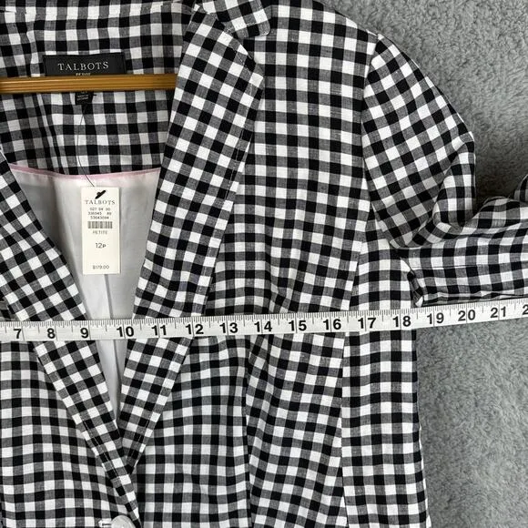 Talbots Classic Linen Blazer Black White Gingham Size 12P NWT Old Money