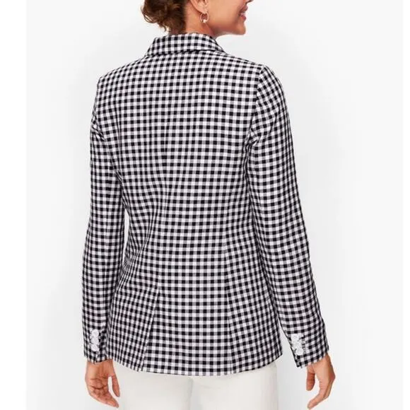 Talbots Classic Linen Blazer Black White Gingham Size 12P NWT Old Money
