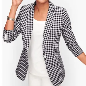 Talbots Classic Linen Blazer Black White Gingham Size 12P NWT Old Money