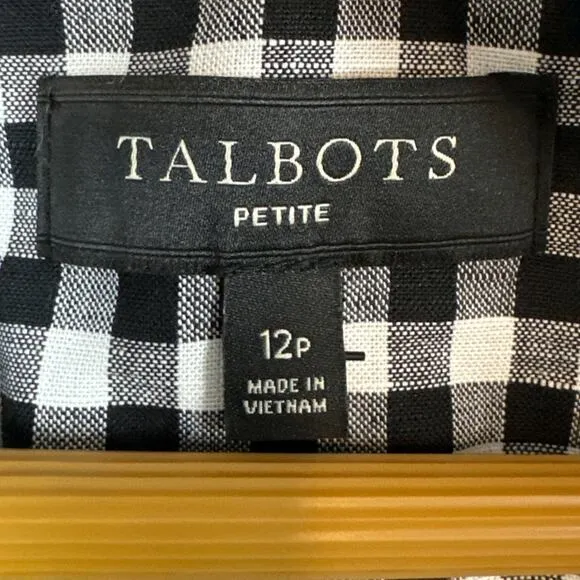 Talbots Classic Linen Blazer Black White Gingham Size 12P NWT Old Money