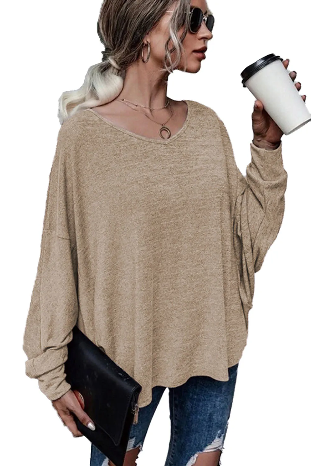 Tie Plunging Back Dolman Sleeve Oversize Top