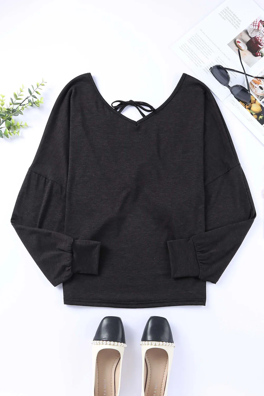 Tie Plunging Back Dolman Sleeve Oversize Top