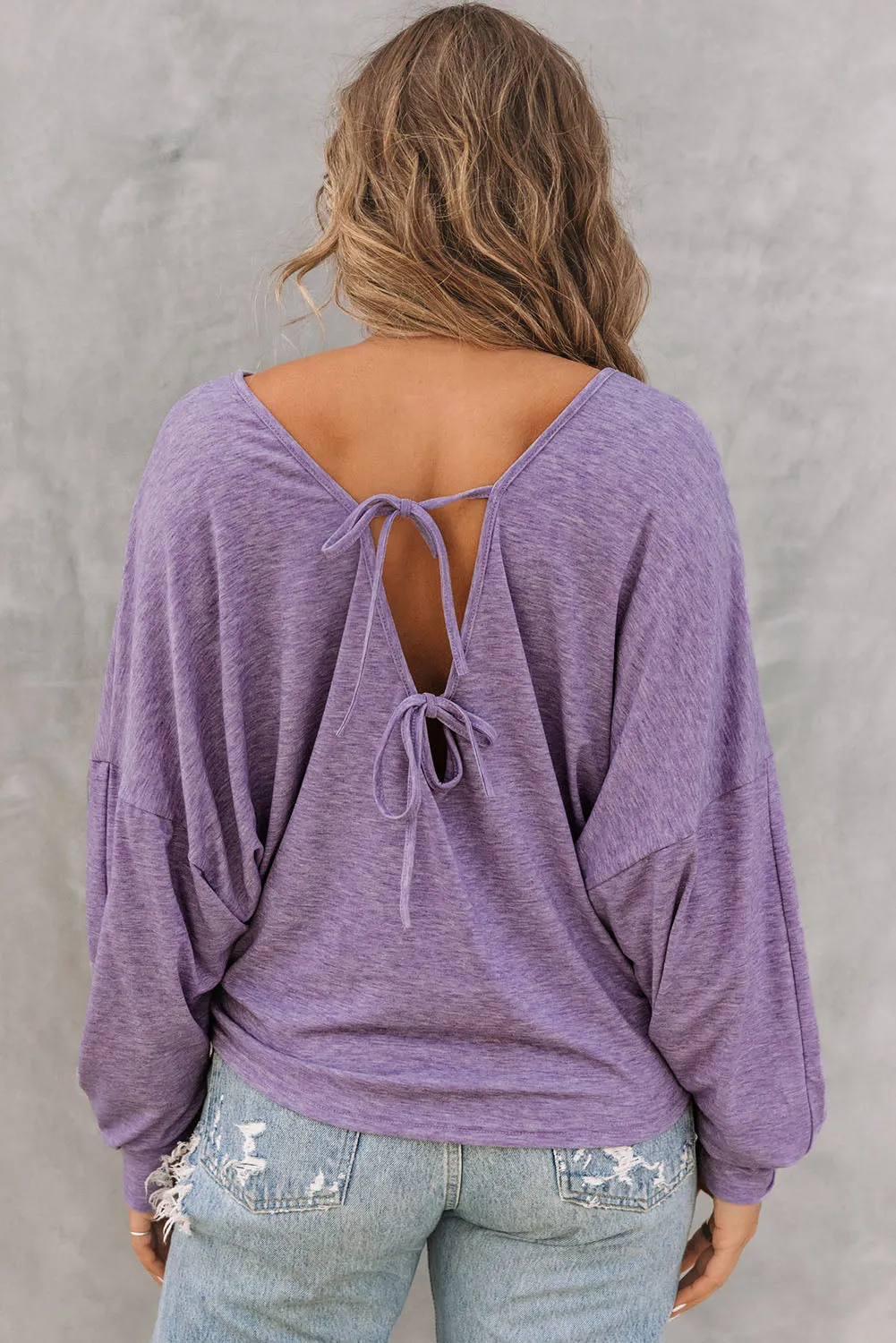 Tie Plunging Back Dolman Sleeve Oversize Top