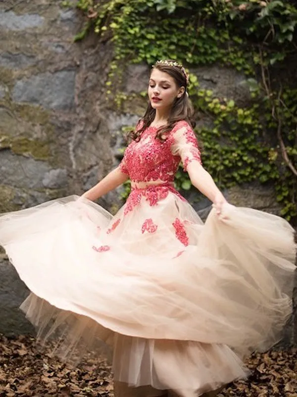 Two Pieces Hot Pink Lace Rhinestone Half Sleeve Elegant Long A-line  Prom Dresses,PD00034