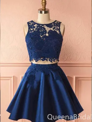 Two Pieces O-neck A-line Navy Blue Lace Appliques Graduation Party Short Homecoming Dresses,QB0747