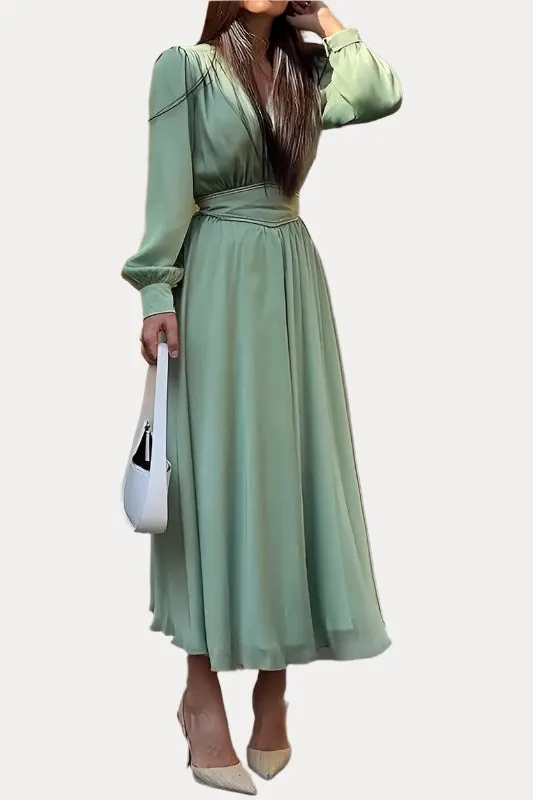 V-Neck Pleated Design High Waist Slim Dress