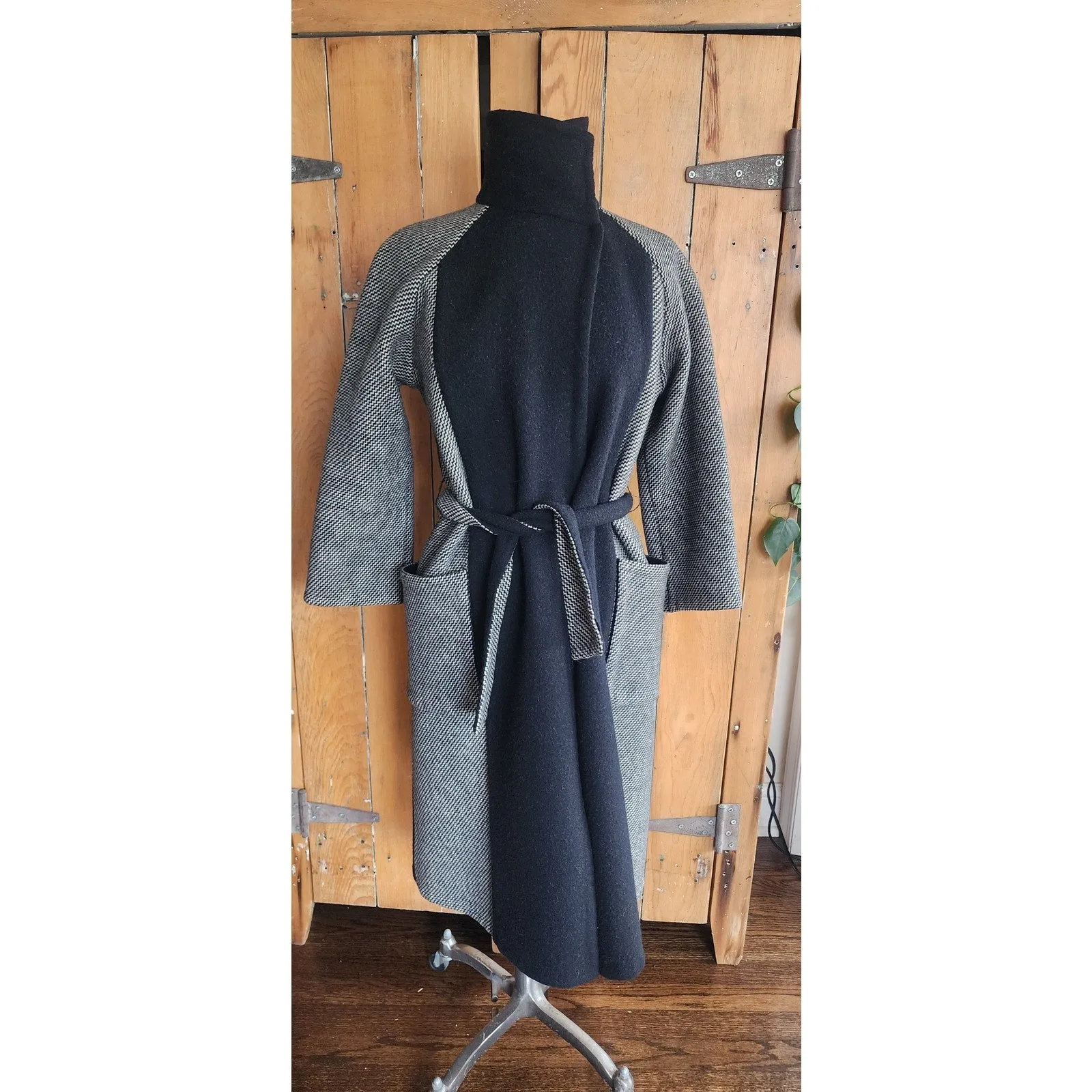 Vintage 90s Wool Coat   Skirt Set in ZigZag Stripe Grey Black / S