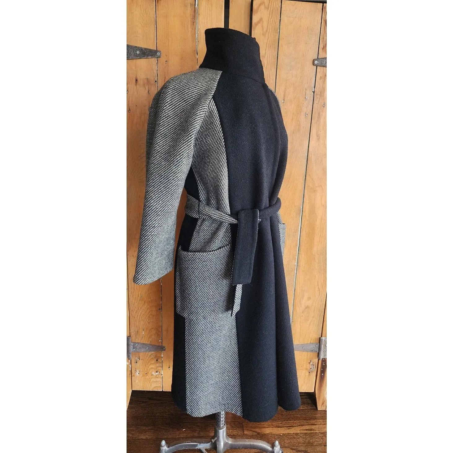 Vintage 90s Wool Coat   Skirt Set in ZigZag Stripe Grey Black / S