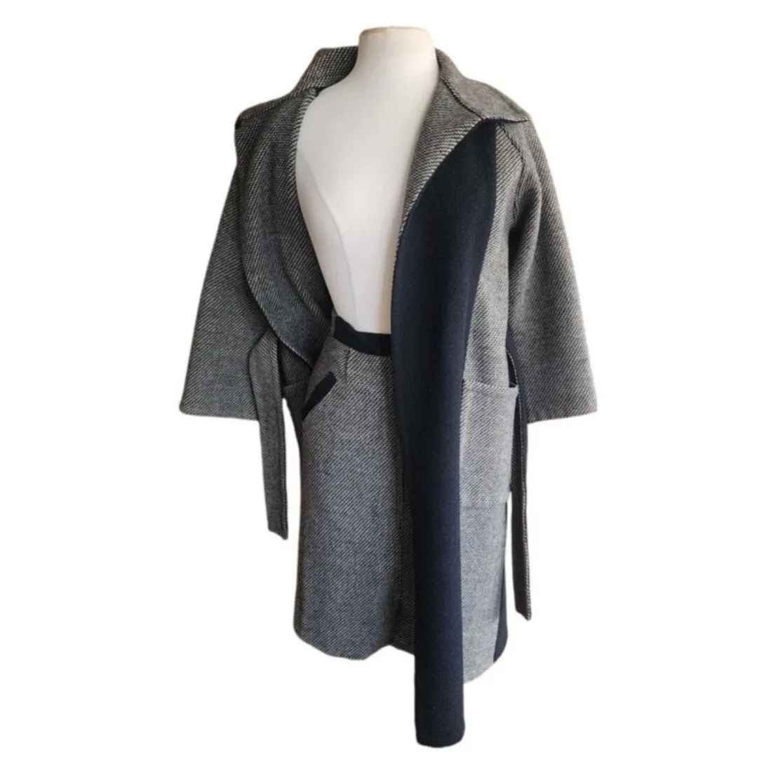 Vintage 90s Wool Coat   Skirt Set in ZigZag Stripe Grey Black / S
