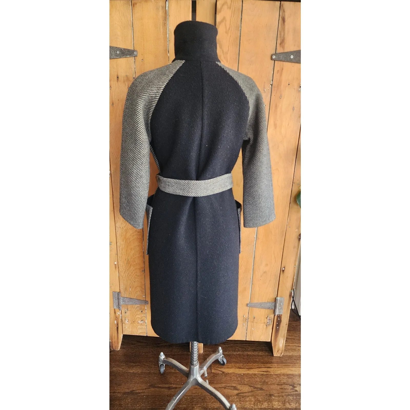 Vintage 90s Wool Coat   Skirt Set in ZigZag Stripe Grey Black / S