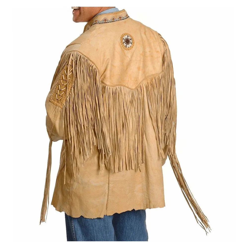 Western Beige Leather Fringe Beaded Jacket for Men MWJ309