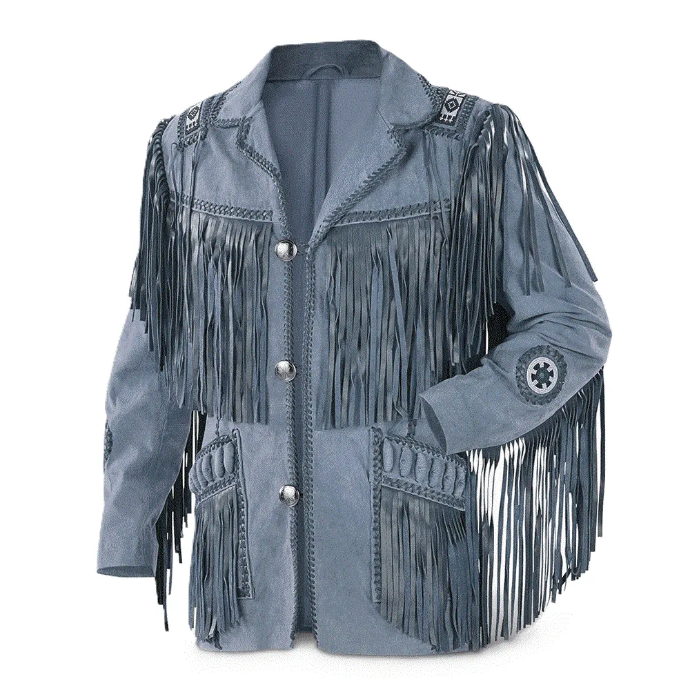 Western Beige Leather Fringe Beaded Jacket for Men MWJ601