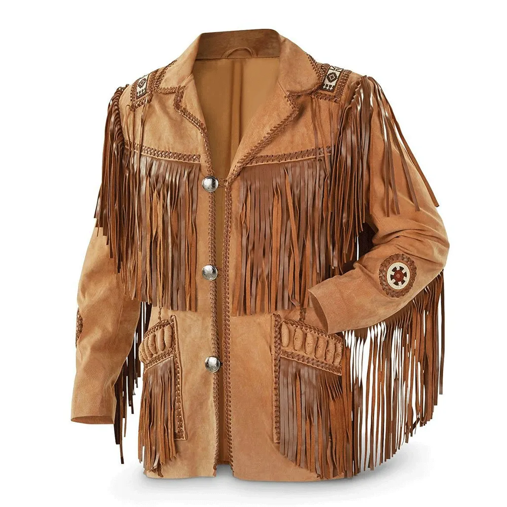 Western Beige Leather Fringe Beaded Jacket for Men MWJ601