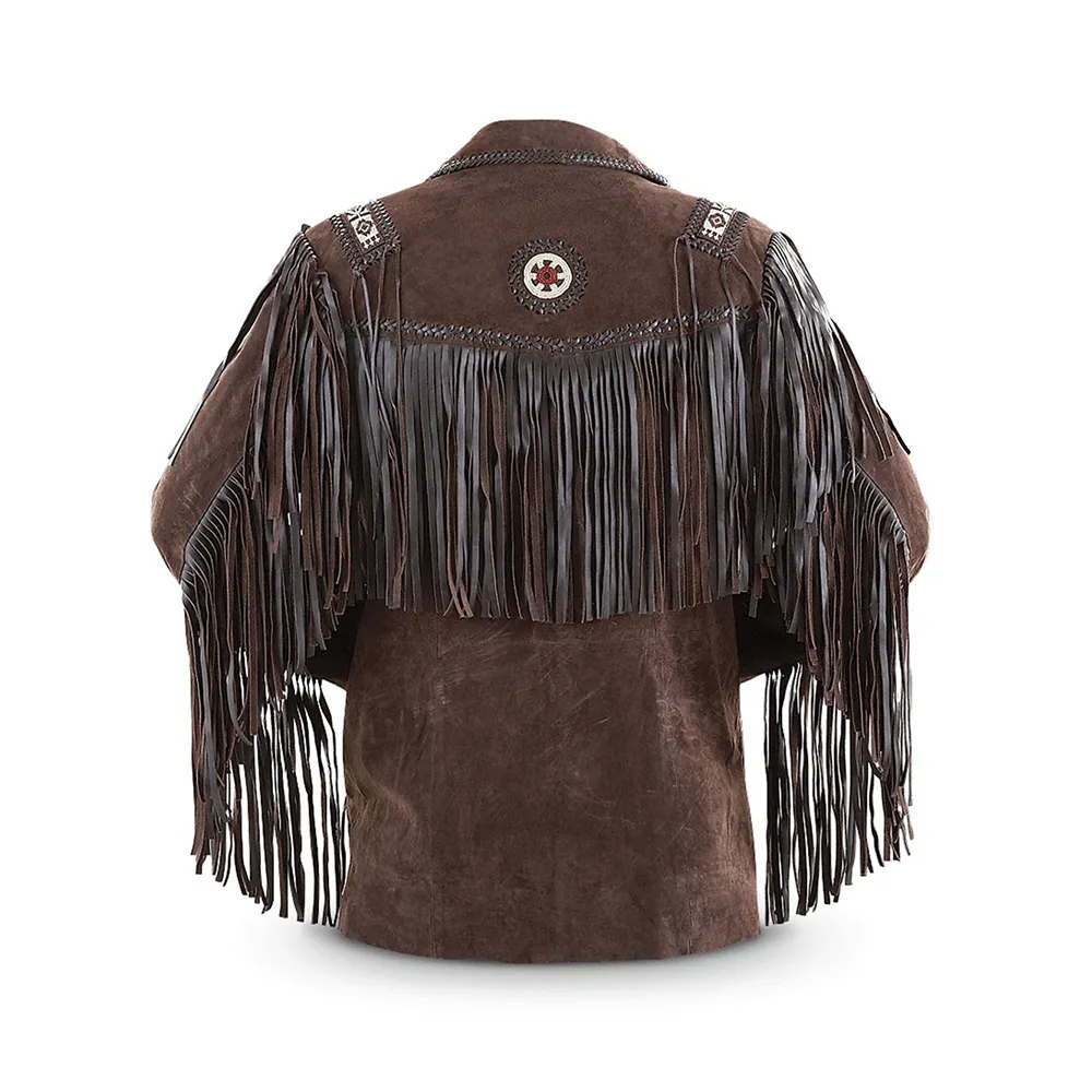Western Beige Leather Fringe Beaded Jacket for Men MWJ601