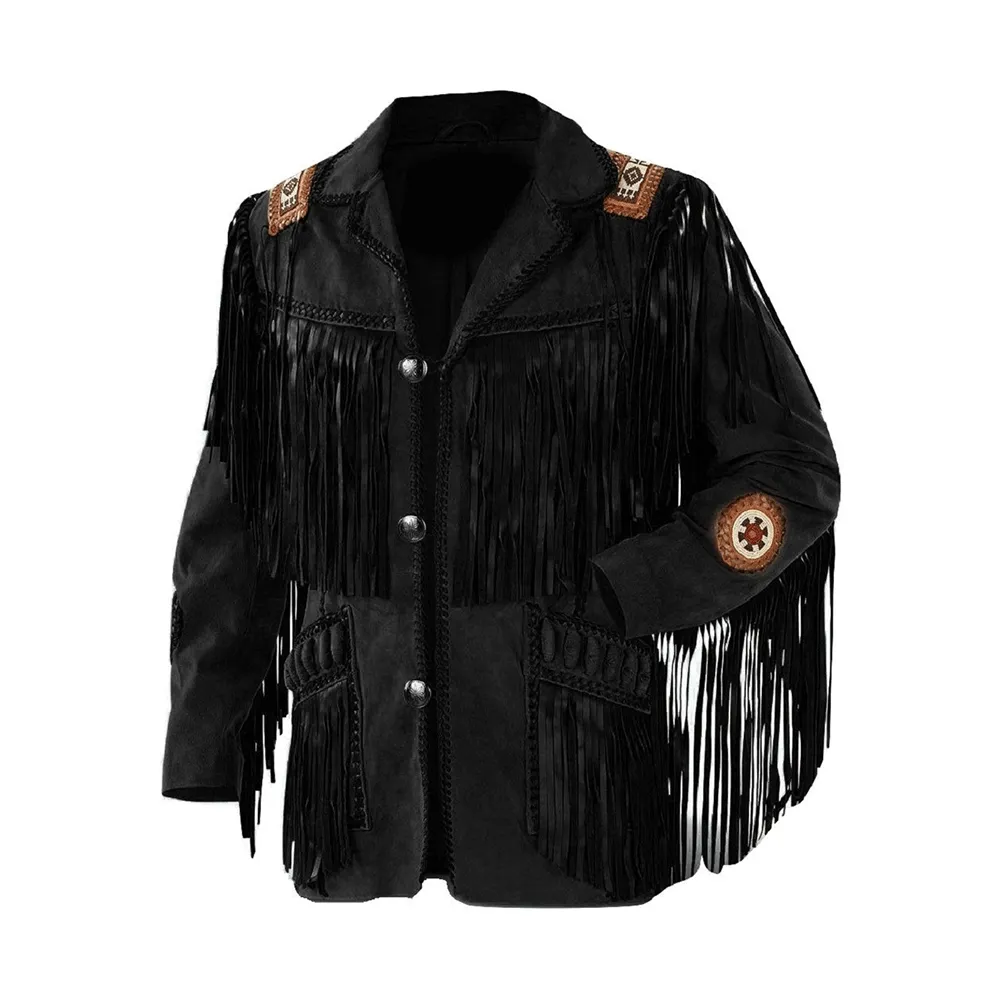 Western Beige Leather Fringe Beaded Jacket for Men MWJ601