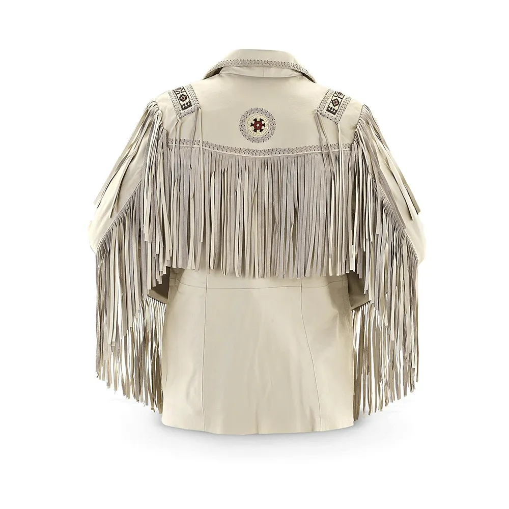 Western Beige Leather Fringe Beaded Jacket for Men MWJ601