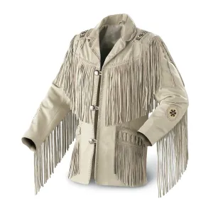 Western Beige Leather Fringe Beaded Jacket for Men MWJ601