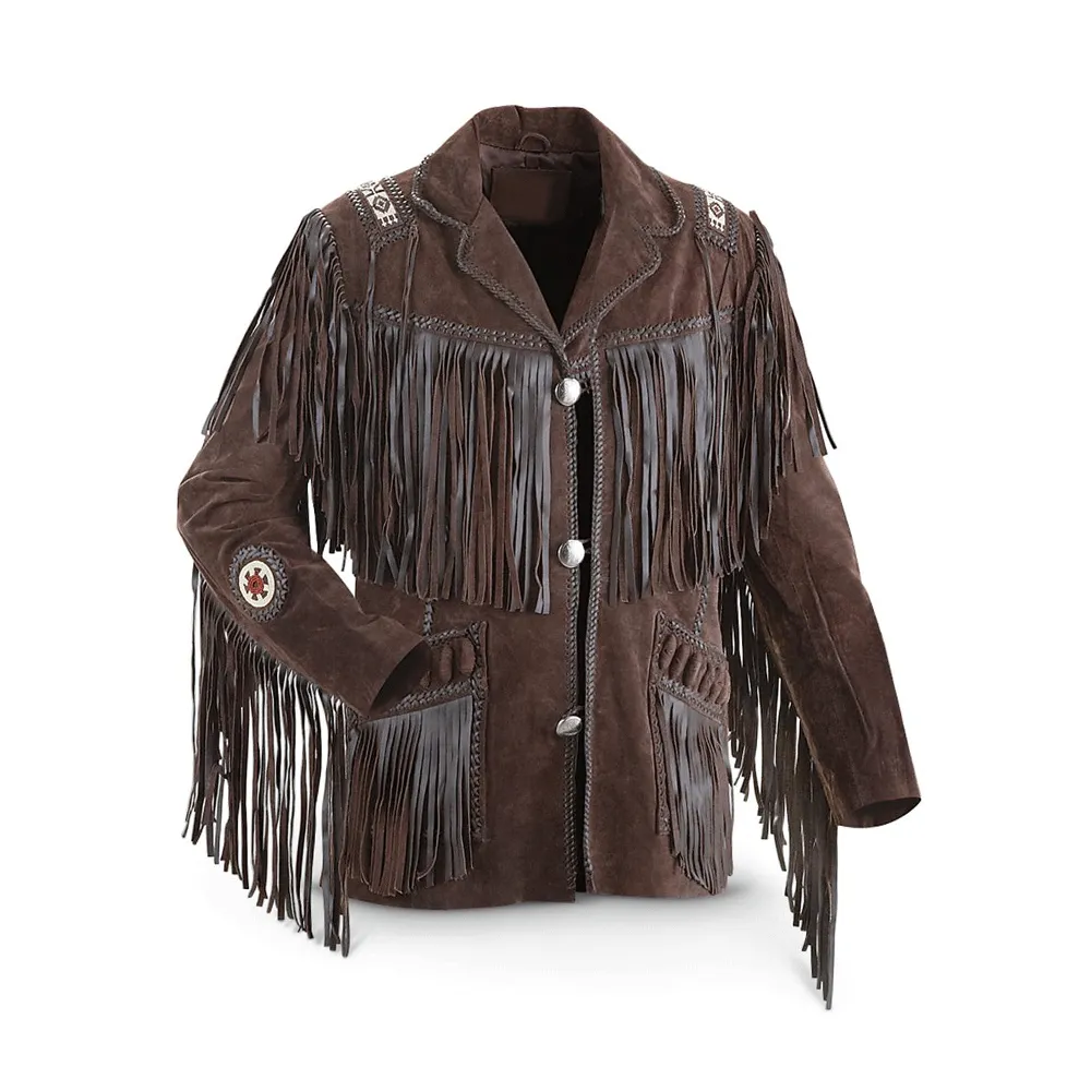 Western Beige Leather Fringe Beaded Jacket for Men MWJ601