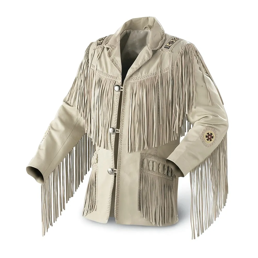Western Beige Leather Fringe Beaded Jacket for Men MWJ601