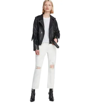 Western Biker Fringe Black Leather Jacket for Women Cowgirl WFJ760