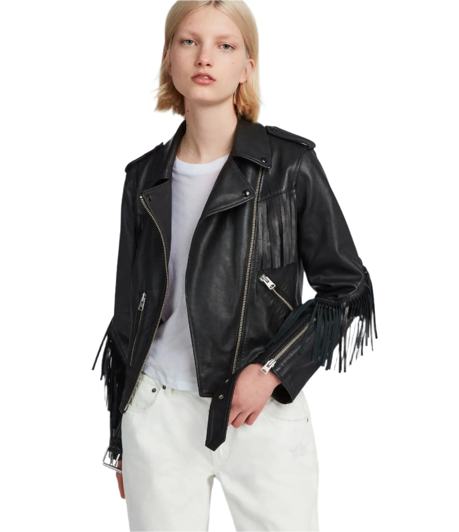 Western Biker Fringe Black Leather Jacket for Women Cowgirl WFJ760