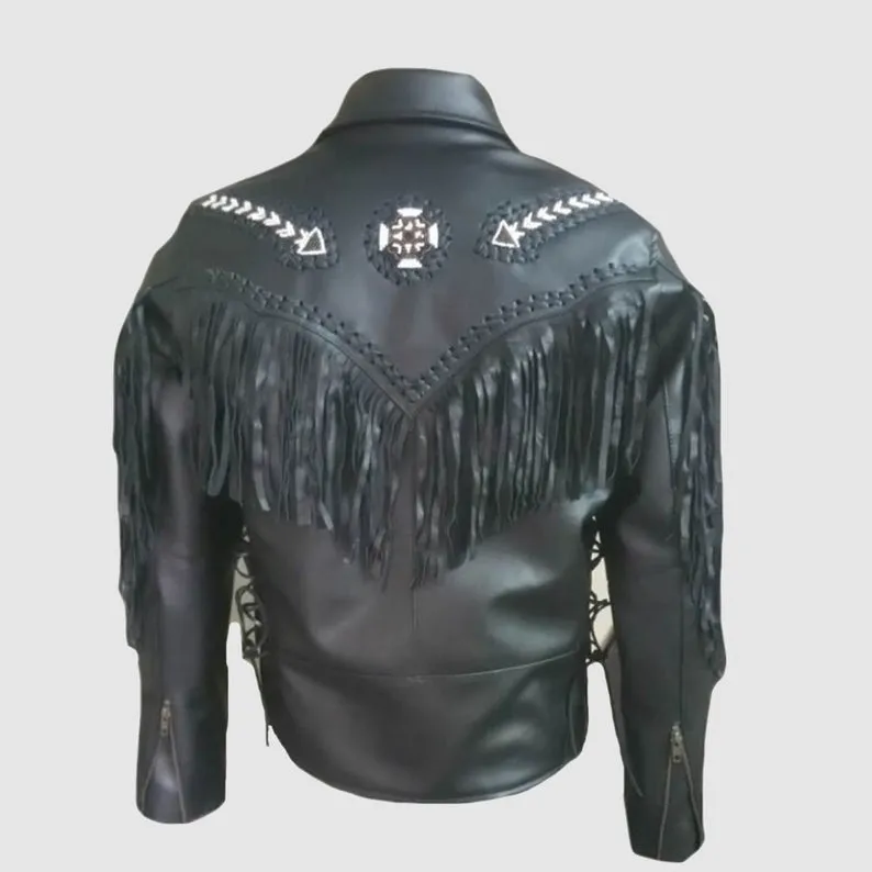Western Black Leather Fringe Arrow Beaded Jacket for Men MWJ529