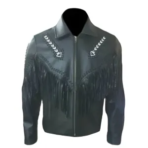 Western Black Leather Fringe Arrow Beaded Jacket for Men MWJ529