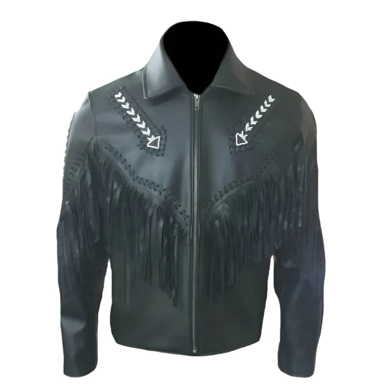 Western Black Leather Fringe Arrow Beaded Jacket for Men MWJ529