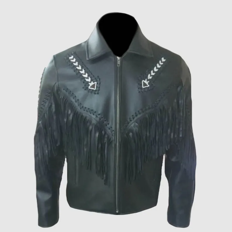 Western Black Leather Fringe Arrow Beaded Jacket for Men MWJ529