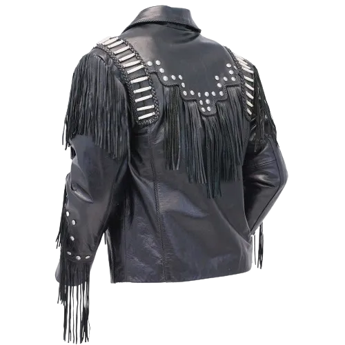 Western Black Leather Fringe Bone Work Jacket for Men MWJ526