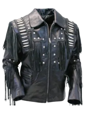 Western Black Leather Fringe Bone Work Jacket for Men MWJ526