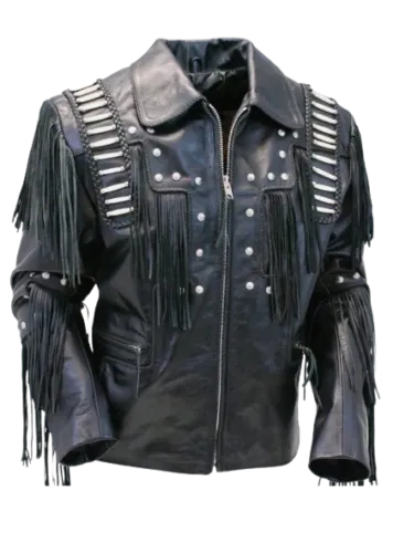 Western Black Leather Fringe Bone Work Jacket for Men MWJ526