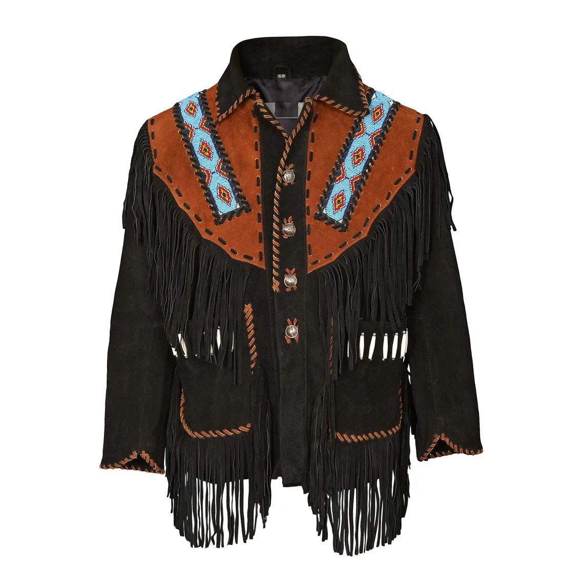 Western Black Suede Leather Fringe Beaded Jacket for Men MWJ508