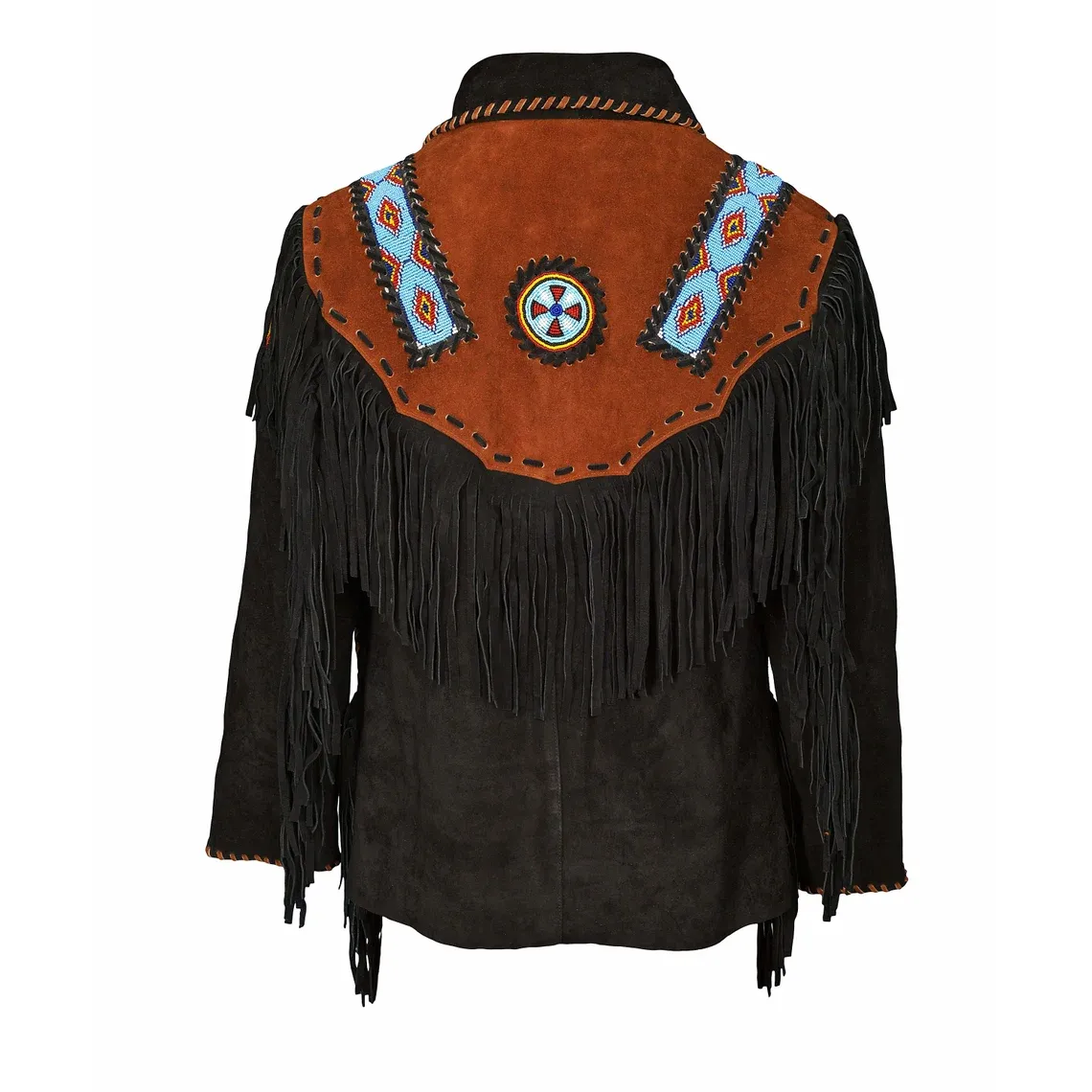 Western Black Suede Leather Fringe Beaded Jacket for Men MWJ508