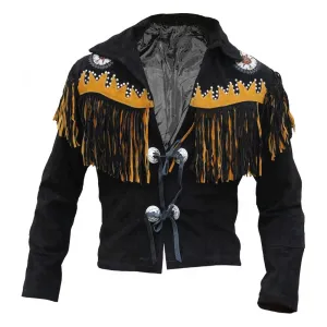 Western Black Suede Leather Fringe Beaded Jacket for Men MWJ517