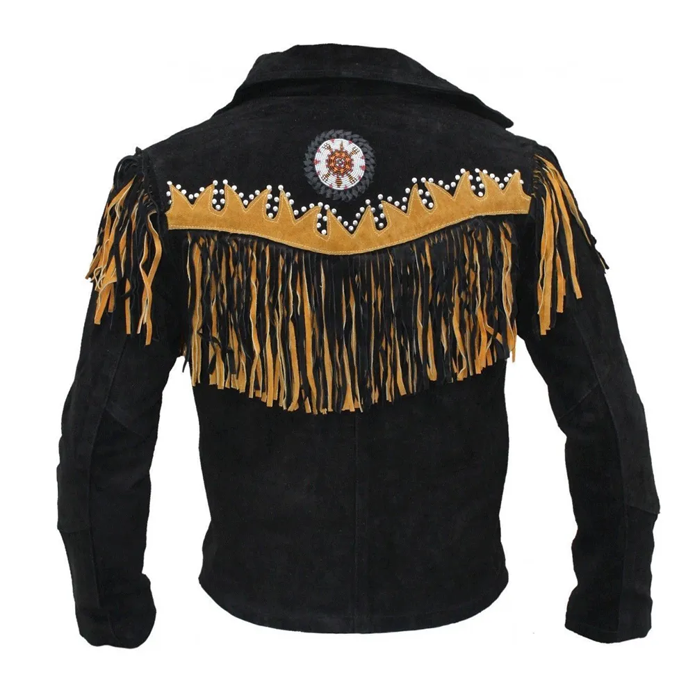 Western Black Suede Leather Fringe Beaded Jacket for Men MWJ517