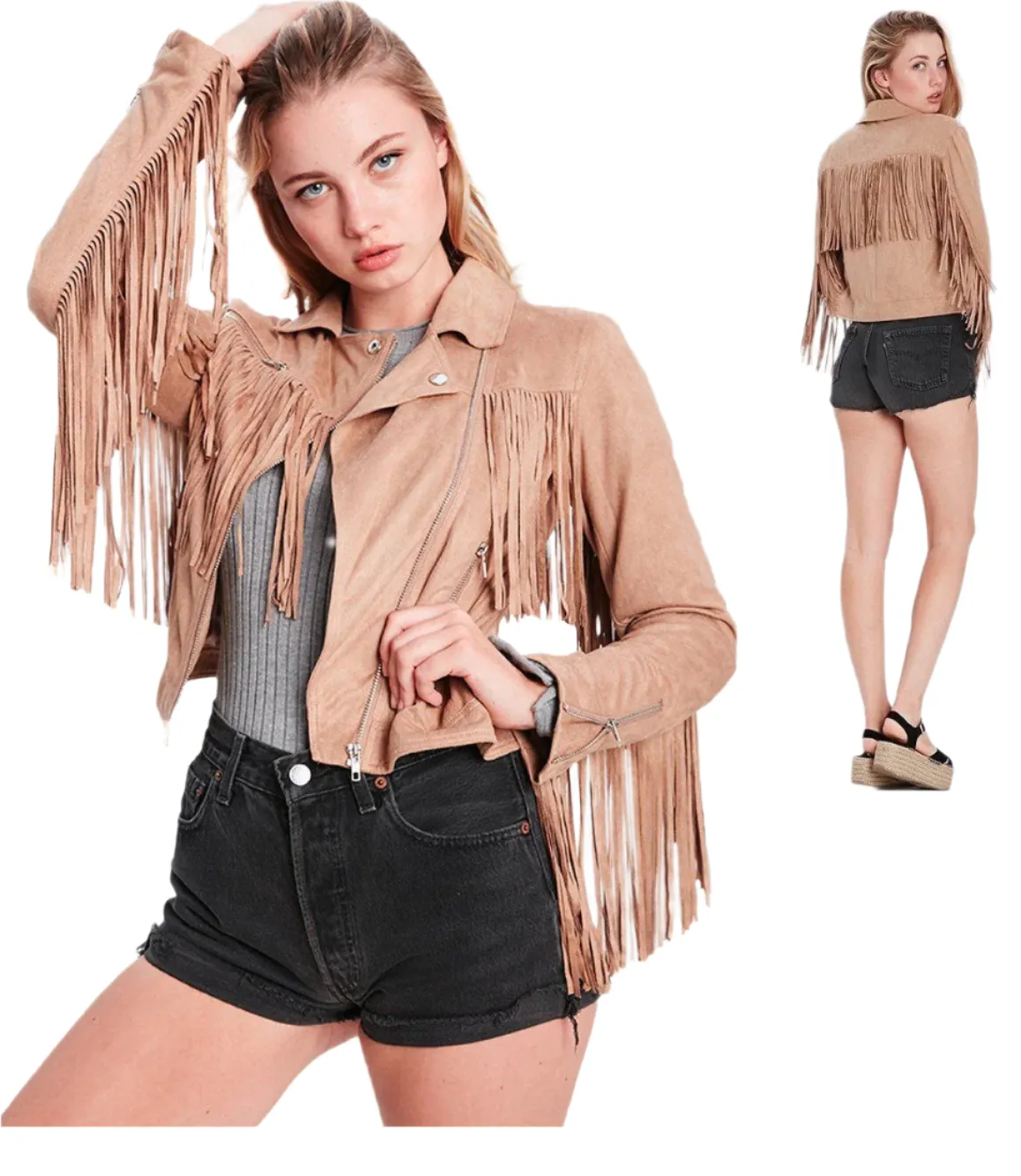 Western Fringe Beige Leather Jacket for Women Cowgirl WFJ205