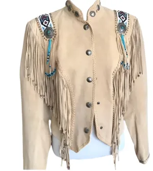 Western Fringe Beige Suede Leather Beaded Jacket for Women Cowgirl WFJ217