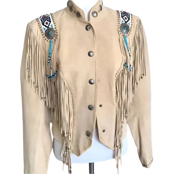Western Fringe Beige Suede Leather Beaded Jacket for Women Cowgirl WFJ217