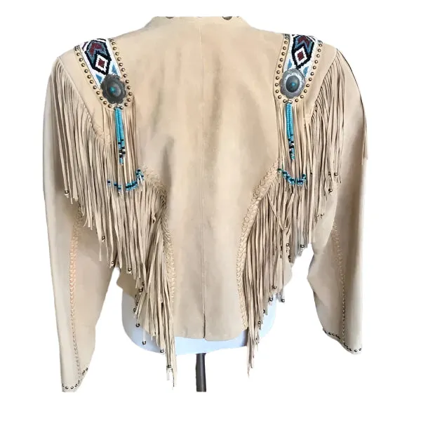 Western Fringe Beige Suede Leather Beaded Jacket for Women Cowgirl WFJ217