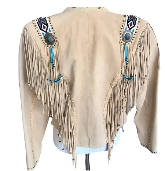 Western Fringe Beige Suede Leather Beaded Jacket for Women Cowgirl WFJ217