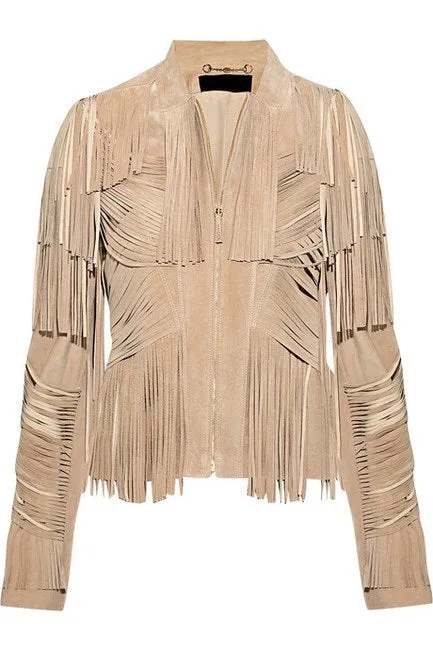 Western Fringe Beige Suede Leather Jacket for Women Cowgirl WFJ511