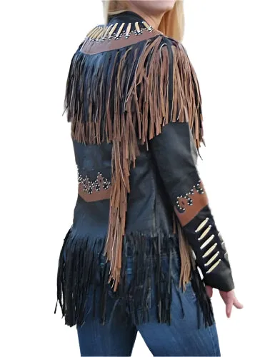 Western Fringe Black Leather Jacket for Women Cowgirl WFJ743