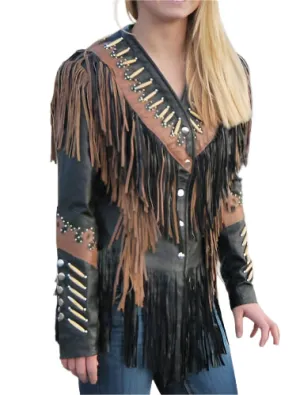 Western Fringe Black Leather Jacket for Women Cowgirl WFJ743