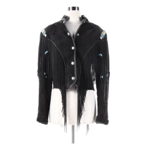 Western Fringe Black Suede Leather Beaded Jacket for Women Cowgirl WFJ719