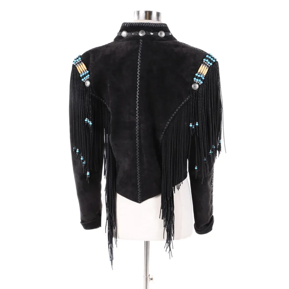 Western Fringe Black Suede Leather Beaded Jacket for Women Cowgirl WFJ719
